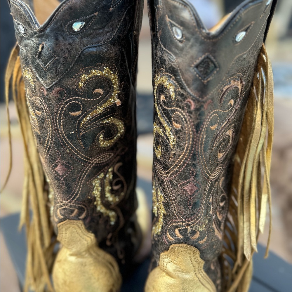 Custom Corral Elegant Gold and Brown, glittered, rhinestone Heeled Boots - Picture 7 of 13